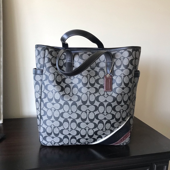 Coach Handbags - Coach Signature Monogram Corner Stripe Tote, 70336, Coated Canvas / Leather
